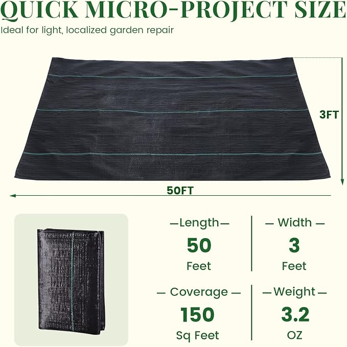 KING BIRD 3FTx50FT Weed Barrier Landscape Fabric, 3.2oz Heavy Duty Woven Ground Cover Geotextile Fabric for Flower Garden Bed, Driveway, Pathway, Gravel & Yard Weed Control Mat
