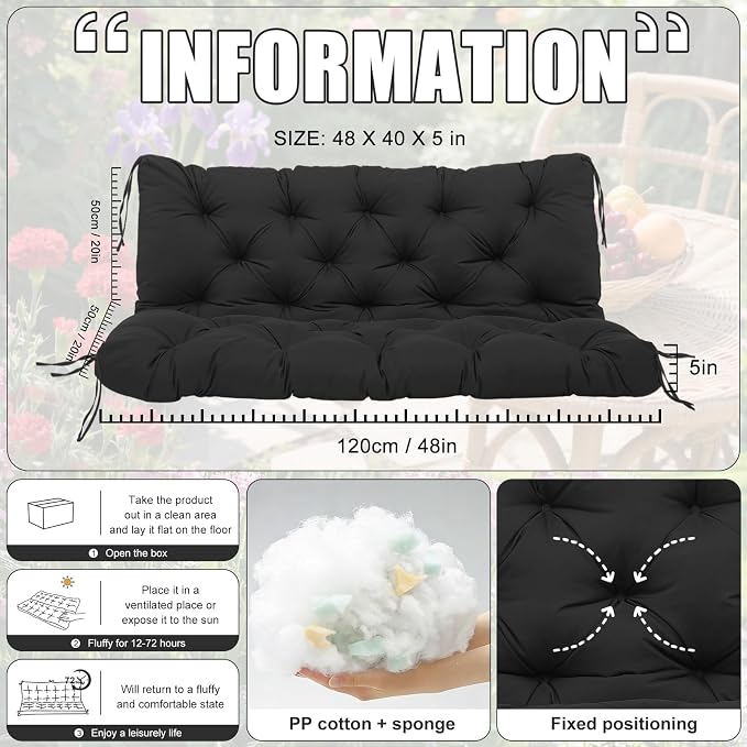 Porch Swing Cushions 2 Seater Replacement Thicken 5" Waterproof & Fade Resistant Swing Cushions for Outdoor Furniture Bench Patio Swing Cushion with Backrest & Ties(Black 48x40x5inch)