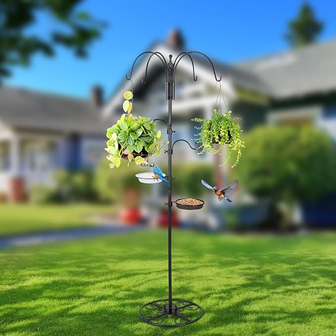 MorningRo Adjustable Shepherd Hook Stand, 34"- 55" Black Iron Shepherd Hook with Base for Plant Hanging, Wind Chime & Bird Feeder - Outdoor Garden Porch Decoration(Elegant Style)