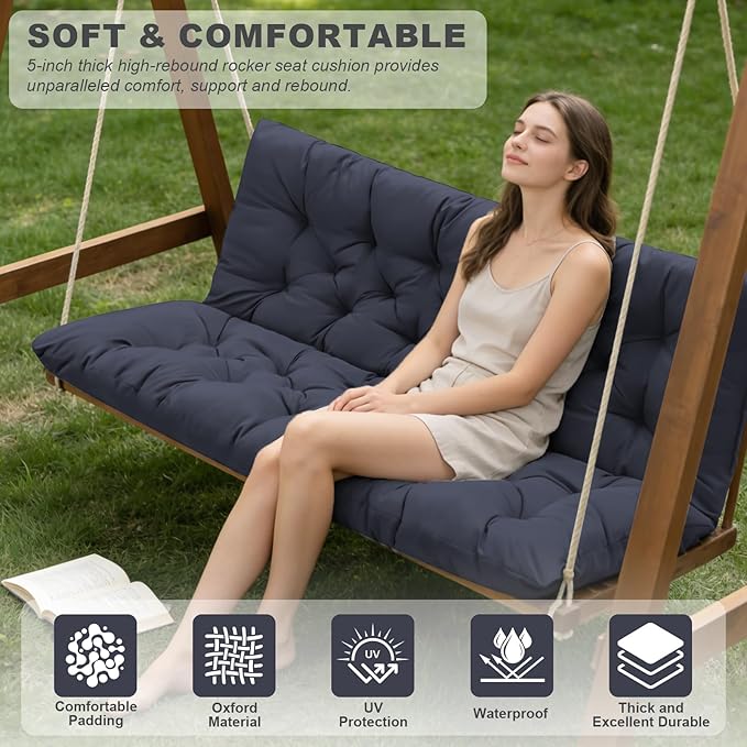Outdoor Swing Cushions,Waterproof Swing Cushions 3 Seater Replacement with Backrest,Outdoor Thickened Bench Cushion with Ties for Porch,Patio,Backyard,Garden (Navy Blue 60 * 40 in)
