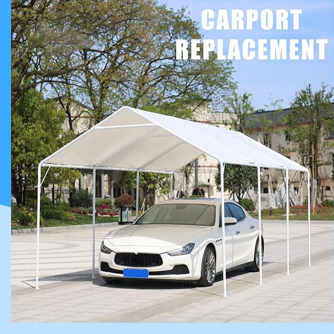 10 x 20 Ft Heavy Duty Carport Replacement Canopy Cover Waterproof & UV Protected Car Garage Top Tent Shelter Tarp Cover with 44 Ball Bungees Cords, Only Top Cover, Grey, Gray