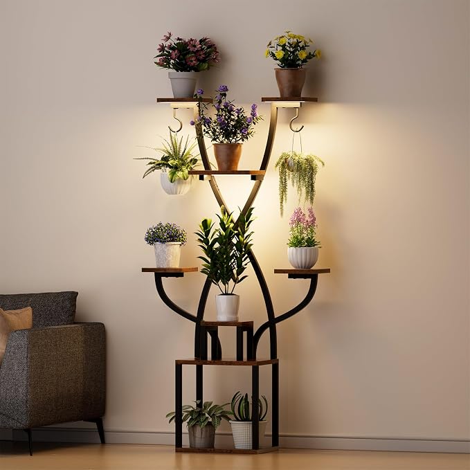 Plant Stand Indoor with Grow Lights - 8 Tier Metal Shelf for Multiple Plants, 64" Corner Stand for Indoor Plants, X-Shaped Plant Rack for Home, Living Room, Office, Patio