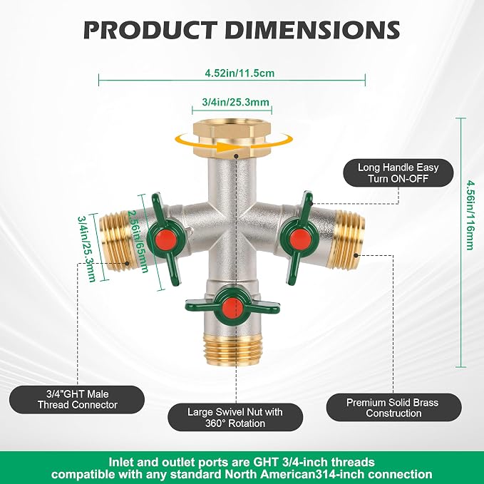 Love is War Brass 3 Way Garden Hose Splitter with Individual Shut Off Valves, Heavy Duty 3/4 Inch Outdoor Water Hose Connector Splitter for Garden Faucet Spigot