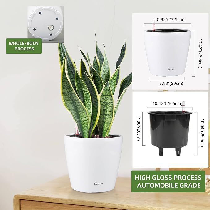 Dexceder 11x10 Self Watering Planter (White High Gloss) | Inner Pot Design, Thickened Table Flower Plant Pot with Water Level Indicator Indoor Outdoor