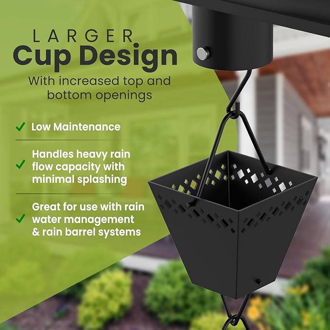 Rain Chain Kit w/Adapter & Extension | Black Powder Coated Rain Chains for Gutters 10 ft | Rain Chain | Gutter Chain Downspout | Rain Chains for Outside | Rain Catcher | Rain Chimes