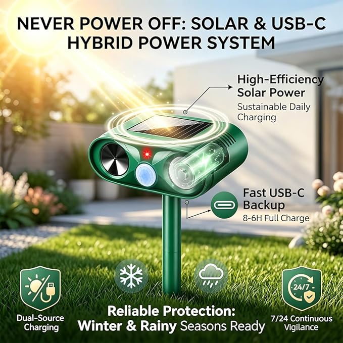 2 Pack Sonic Fortress Pro Deer Repellent Solar Ultrasonic Animal Repellent Outdoor Cat Deterrent with Motion Sensor Strobe Light for Rabbit Raccoon IP65 Waterproof Squirrel Repellent for Yard Garden