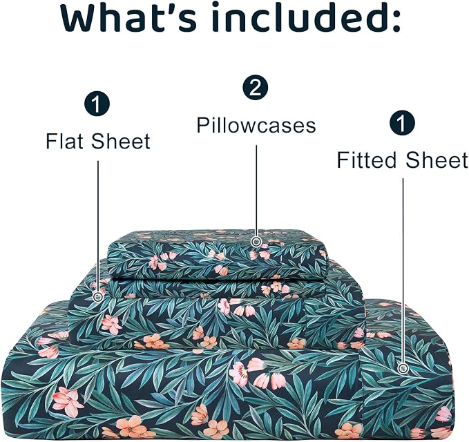 QSH Floral Egyptian Cotton Sheets King Size - Floral Bedding Sheets Botanical Pattern Printed Bedding King Size Bed Sheets 17.5" Extra Deep Pocket 4pcs