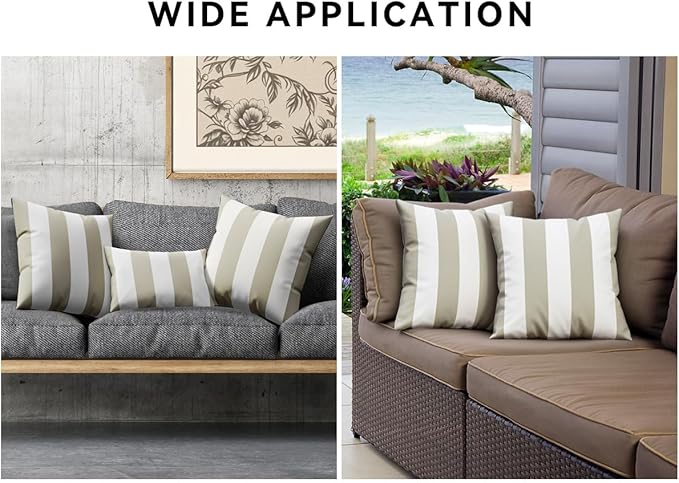 Western Home Pack of 2 Outdoor Waterproof Striped Throw Pillow Covers Beige Grey Decorative Pillowcases Garden Modern Cushion Cases for Patio Tent Balcony Couch Sofa 18x18 Inch