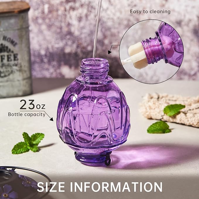 2 Pack Glass Hummingbird Feeder for Outdoors Hanging, 24Ozs Humming Bird Nectar Feeder w/Perch, 5 Flower Feeding Ports, Leak Proof Base and Hook for Outside Garden Backyard Decor, Purple