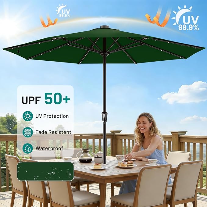 AreShark 11FT Large Patio Umbrella with Solar Lights, Lighted Solar Umbrella with Crank, Outdoor Table Market Umbrellas for Garden, Deck, Backyard, Pool and Beach, Dark Green