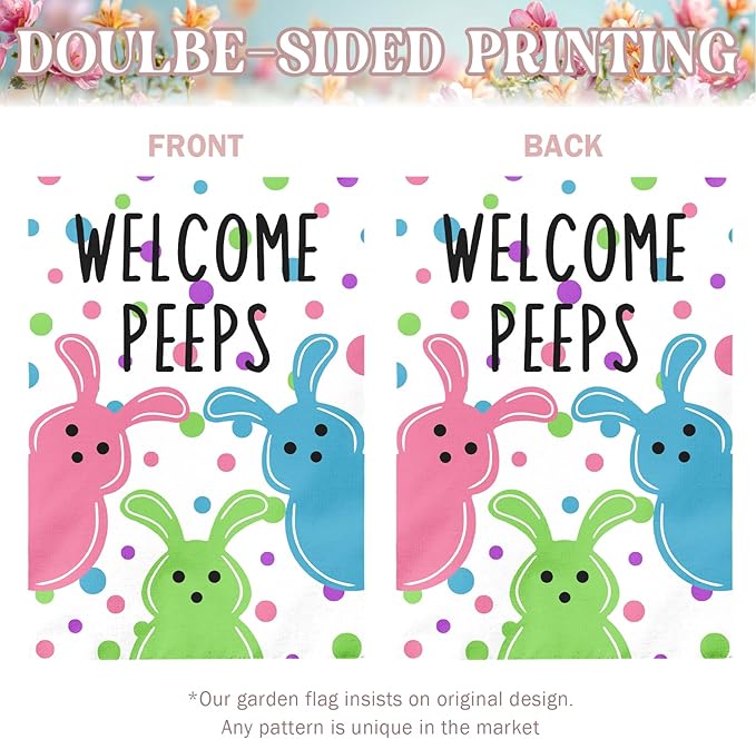 Large Easter House Flag 28x40 Inch Double Sided Welcome Peeps Bunny Flag Colorful Spring Yard Flag Outdoor Porch Cute Rabbit and Egg Pattern Farmhouse Easter Garden Banner for Home Patio Lawn