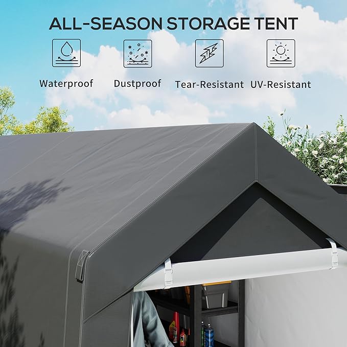 Outsunny 7' x 12' Portable Storage Shed Shelter, Heavy Duty Outdoor Shed, Waterproof Garden Storage Tent with Ventilation Window and Roll-up Zipper Door for Bike, Motorcycle, Garden Tools, Gray