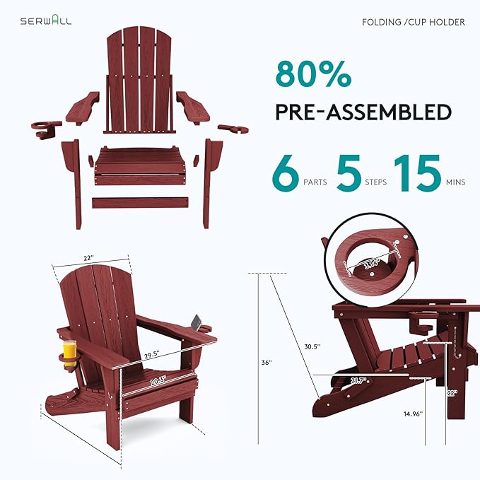 SERWALL Adirondack Chair with Cup Holders - Composite Adirondack Chairs Set of 6 HDPE Outdoor Chairs All Weather Use- Dark Red