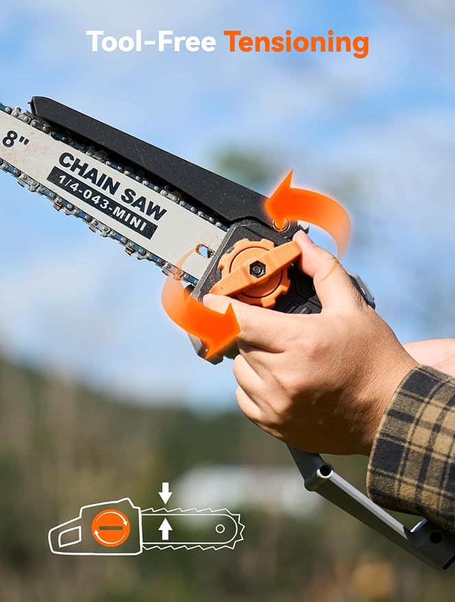 TaskStar 8-Inch Mini Chainsaw Cordless, Brushless Motor, 2×2000mAh Batteries, Lightweight One-Handed Electric Chainsaw for Cutting Thick Branches, Tree Trimming, Wood Cutting, Beginner Friendly