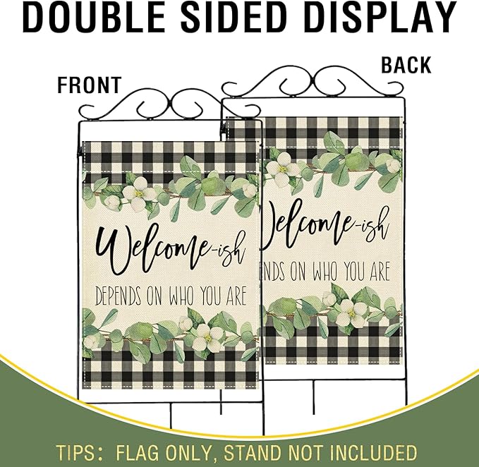 Artofy Welcome-ish Depends on Who You Are Large Decorative House Flag, Funny Family Buffalo Plaid Botanical Yard Garden Outside Decor, Humorous Burlap Outdoor Home Decoration Double Sided 28 x 40