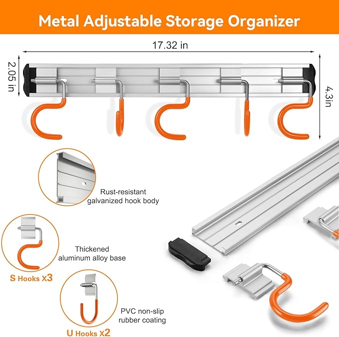 HUPBIPY 69'' Aluminum Alloy Garden Tool Organizer Wall Mount Garage Organizers and Storage with Hooks Tool Hangers for Shed Hooks for Shovel, Rake, Broom & More