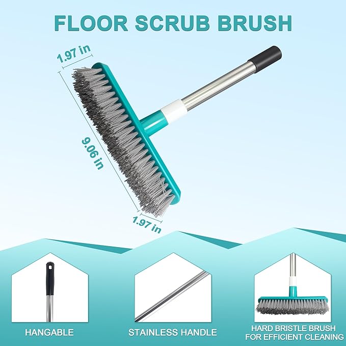 2-in-1 Crack Weeder Tool, Adjustable Long Handle Moss Remover with Wheeled Blade & Brush Head, Stainless Steel Crevice Weeding Puller for Sidewalk, Driveway, Patio, Pavers, Garden