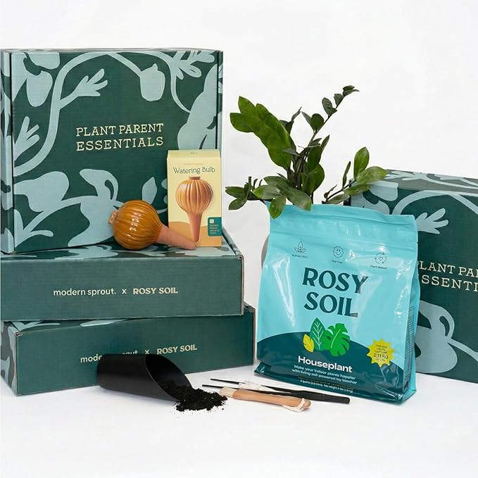 Rosy Soil Indoor Plant Parent Gift Set for Mother's Day - Houseplant Potting Soil with Modern Sprout Terracotta Watering Bulb, Soil Scoop, Plant Brush & Tweezers