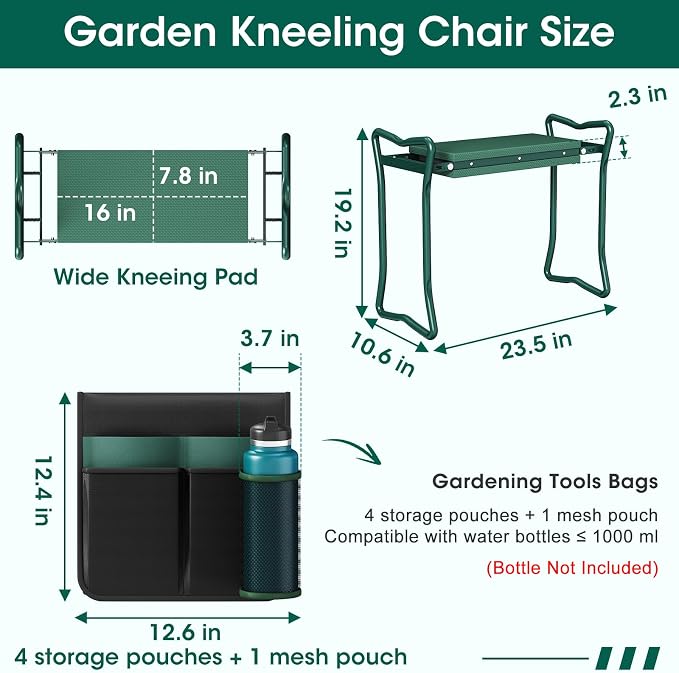 OAOA innovation 2-in-1 Garden Kneeler with Umbrella, Kneeling Bench & Black Umbrella, Portable Stool 330lb Capacity, Garden Tools Bag with Bottle Holder, Gardening Gift for Men Women Seniors