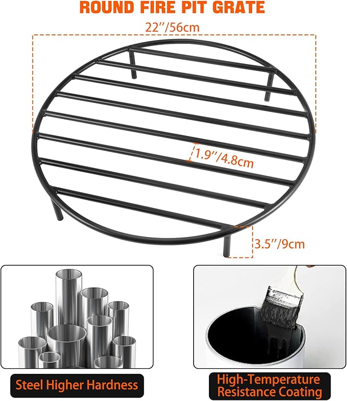 onlyfire Heavy Duty Round Fire Pit Grate 22 Inch - Steel Log Grate with High-Temp Coating & Removable Legs, 3.5" Tall Wood Burning Grate for Outdoor Fireplace, Camping, BBQ