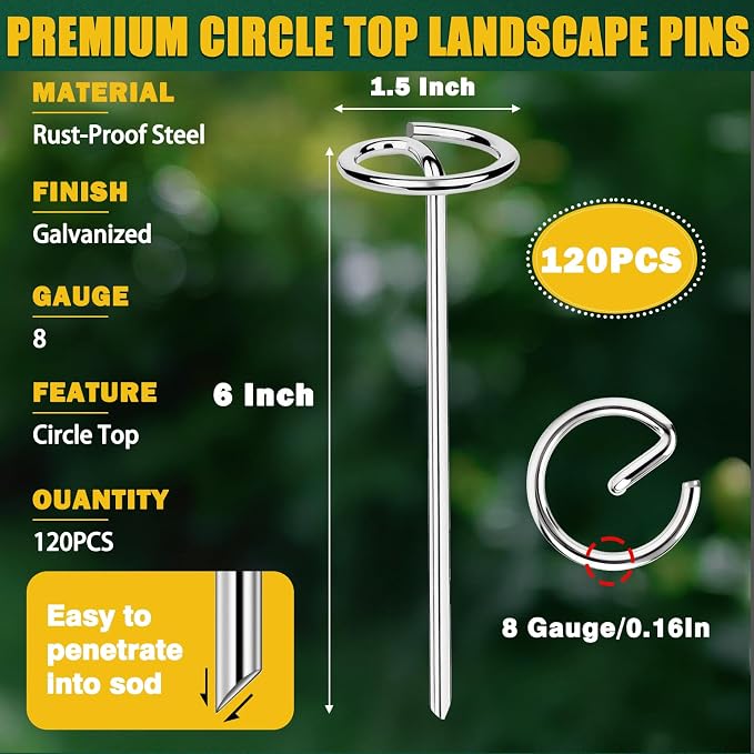 120 PCS Landscape Fabric Staples Pins,Thickened 8 Gauge Circle Top Landscape Fabric Stakes, 6 inch Galvanized Weed Barrier Stakes Pins with Removal Tool, Garden Staples for Weed Barrier Fabric