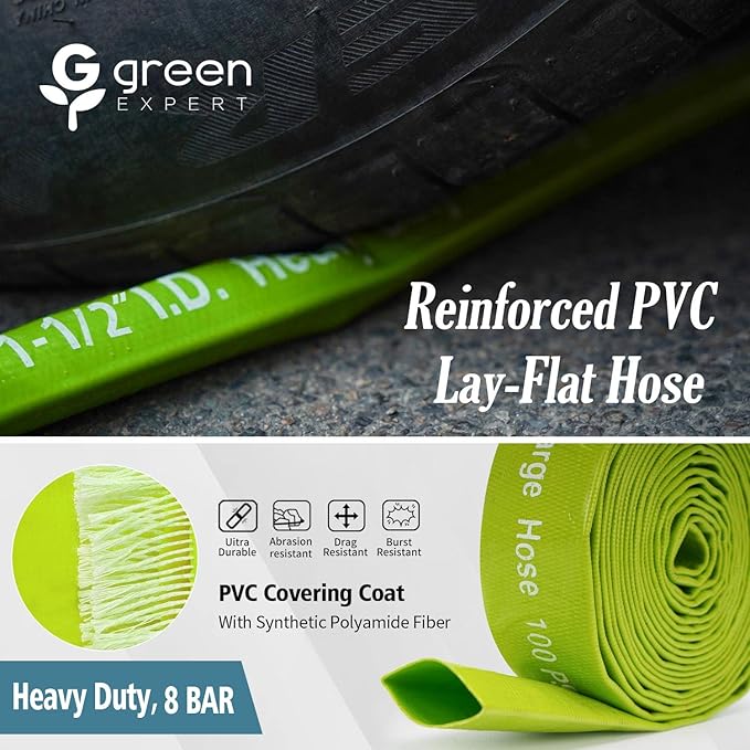 Green Expert 1-1/2" ID PVC Lay-Flat Discharge Hose, Sump Pump Accessory, 100FT Heavy-Duty Pool Backwash & Water Transfer Hose, Steel Clamp Kit Included