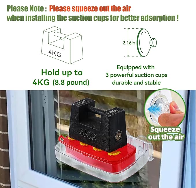 Window Hummingbird Feeder with Strong Suction Cup, Plastic Hummingbird Feeders for Outdoors, Built-in Moat,Easy to Clean and Refil (10oz) (1, Red)