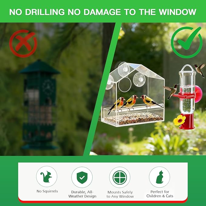 Window Bird Feeder with Hummingbird Waterer（2-Piece Set） - Extra-Large Window for Offer Easy Food & Water Access, Super-Strong Suction Cup, Easy Install & Clean, Sturdy Durable Outdoor Use.