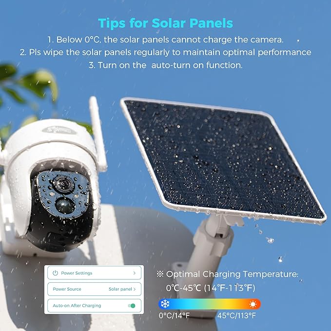 5V 8W Solar Panel for Security Camera, for Bird Feeder, 4G AOV Trail Cam, Ring Tapo Eufy Vicohome Eseecloud, Native USB-C, Micro-USB & DC 3.5mm*1.35mm, 23% Conversion, 9.8 Ft, 260 Days Care Plan