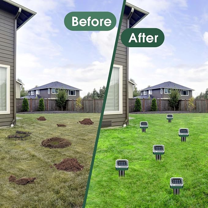 Mole Repellent Solar Powered, 8-Pack Ultrasonic Repeller Outdoor Yard and Garden, Get Rid of Moles Gopher Vole Groundhog Snake Chipmunk, Waterproof Sonic Spikes Mole Deterrent