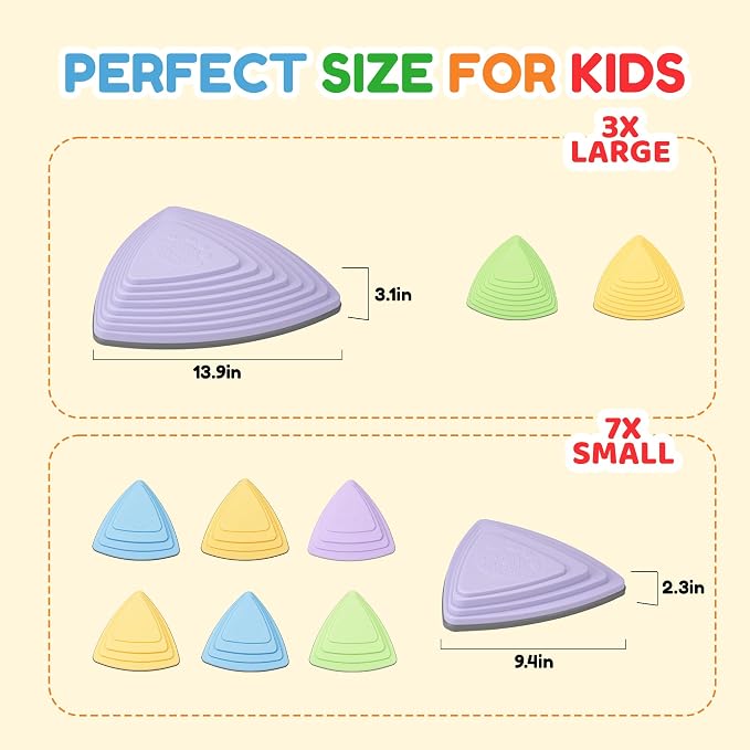 Kids Balance Stepping Stones Multicolor Triangular 10PCS Non-Slip Toddler Stepping Stones for Balance Coordination Ages 3-8 Years