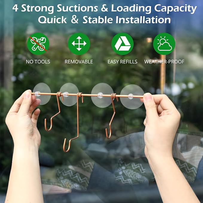 Pozfun Window Hummingbird Feeder with Suction Cups,Hand-Blown Glass Hummingbird Feeders for Outdoors Window Mounted with Metal Hook,Close Bird Watching,Finch in Garden,Yard(Green)