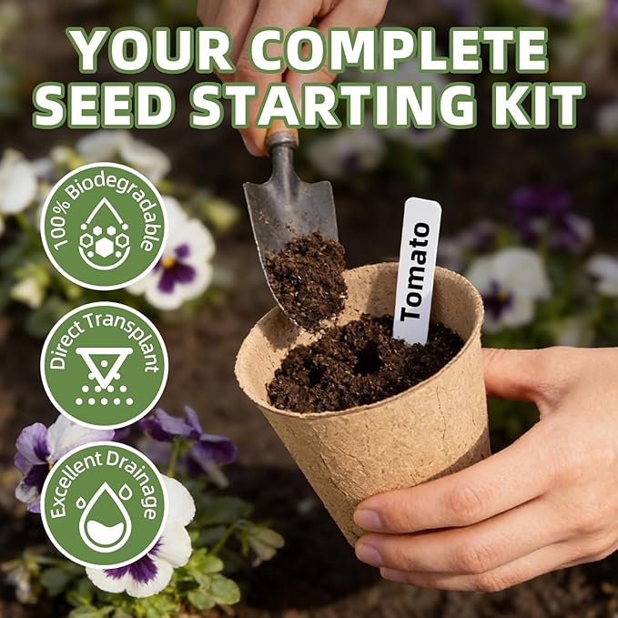 CLEANGOR 70Pcs Biodegradable 4” Peat Pots with 70Pcs Plant Labels, Biodegradable Seed Starter Pots with Drainage Holes, Nursery Pots for Seedlings, Herbs, Vegetables, Flowers, Gardening Kit