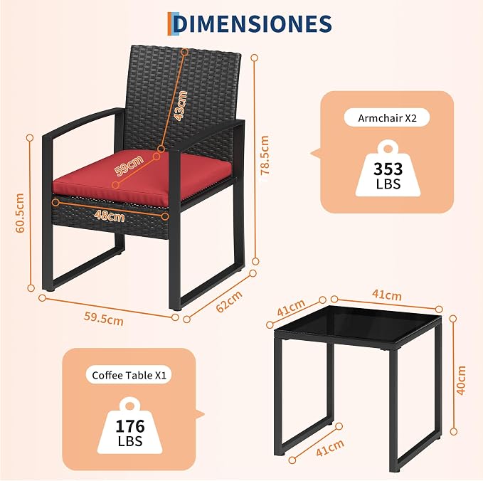 Garvee 3 Pieces Patio Bistro Set, PE Rattan Patio Conversation Set with Tempered Glass Coffee Table, Outdoor Wicker Furniture for Patio Garden Balcony Backyard, Black and Red