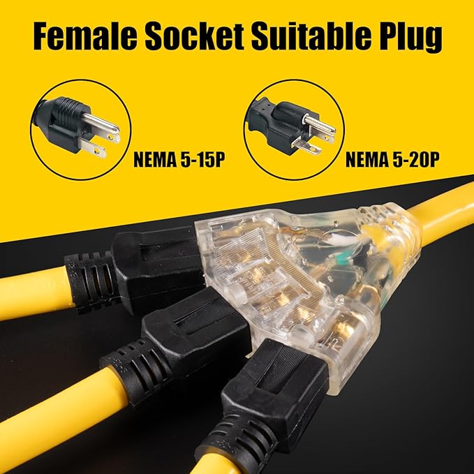 30 Amp to 110 Outdoor Generator Adapter Power Cord, 3 Prong Locking 30 Amp to 15 Amp Generator Cord, NEMA L5-30P Male to 3X 5-20R Female with Lighted End, 1.5FT
