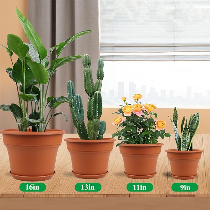 Pottiffe 13 Inch Plastic-Flower-Pot-for-Indoor-Plants, 4 Pack Large Outdoor Planter Pot with Drainage Holes & Saucers, Resin Decorative Garden Pots Planters