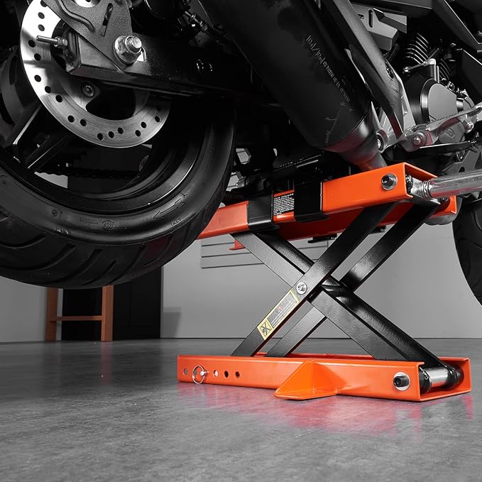VEVOR Motorcycle Lift, 1100 LBS Motorcycle Center Scissor Lift Jack with Saddle & Safety Pin, Steel Motorcycle Jack Hoist Stand for Street Bikes, Cruiser Bikes, Touring Motorcycles