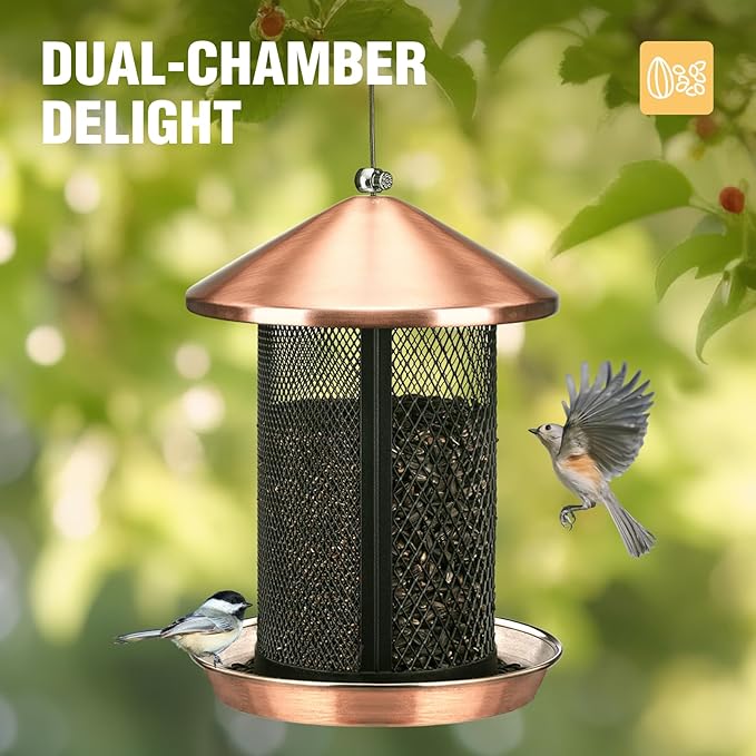 Veehoo Metal Bird Feeder for Outdoors-Dual Seed Chambers & Wild Bird Feeder Hanging Bird Feeder for Outside, Mesh Tube Feeder with Weatherproof Roof for Cardinal Bluebird Finch, Antique Copper