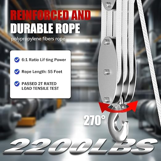 YATOINTO 1 Ton Rope Hoist Pulley System, Heavy Duty Block and Tackle(White) | 50FT Polypropylene Fibers Rope, 6:1 Lifting Power, Metal Bearing Design, Rust-proof Zinc-plated Housing w/Alloy Steel Hook