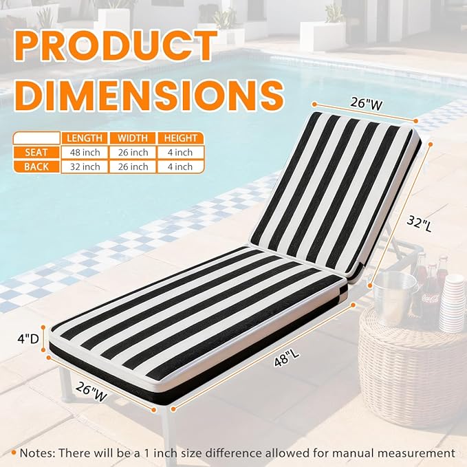 Sundale Outdoor Olefin Chaise Lounge Cushion, Water-Resistant Patio Lounge Chair Cushion, Thick Lounger Pad with 4 Straps Cabana Stripe Black, 80 x 26 x 4 Inches