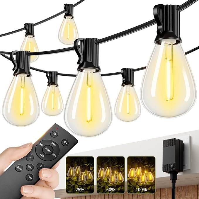 200FT LED Outdoor String Lights with Remote, One Continuous Strand Patio Lights with 72+2 Shatterproof S11 Bulbs, Dimmable 2200K Warm White, Timer & 3 Modes, Low Voltage for Backyard Garden