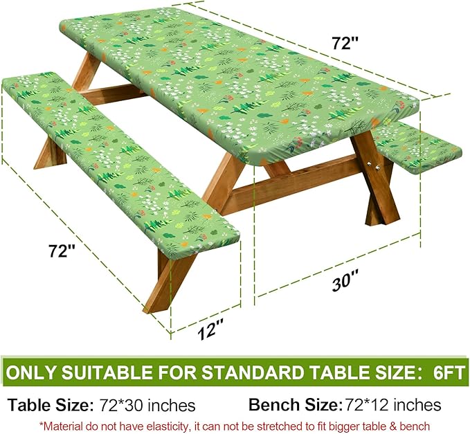 Play Tailor Picnic Table Cover with Bench Covers Camping Essentials Waterproof Windproof Camping Tablecloth with Drawstring Bag, Fitted Rectangle Tables and Seats, 72in, Grass Green