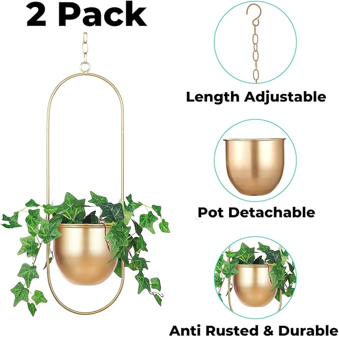 Shineloha 2 Pack Hanging Planters for Indoor Plants with 5.5" Pot + Ceiling Hook | Gold Hanging Planter, Gold Plant Hanger, NO Plant incld