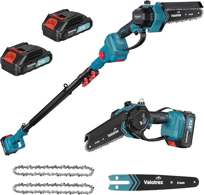 2-in-1 Cordless Pole Saw, 6 Inch 1000W Brushless Electric Pole Saws for Tree Trimming with 2 Batteries, 16ft Max Reach, Pole Chainsaw for Tree Limb Branch Cutter Pruner