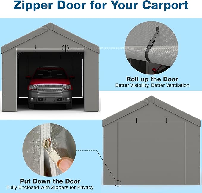 Carport Canopy Replacement Zipper Door Fits 12x20 FT Carport, Waterproof & UV Protected, Easy Assembly with Ball Bungees, Grey (Door Panel Only, 1 Pack)
