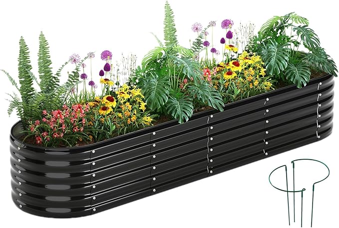 ZFHgarden Garden Box Raised Flower Bed Galvanized Metal Planter Round Raised Garden Bed Kit for Gardening Outdoor 1PC Black 8X2X1FT