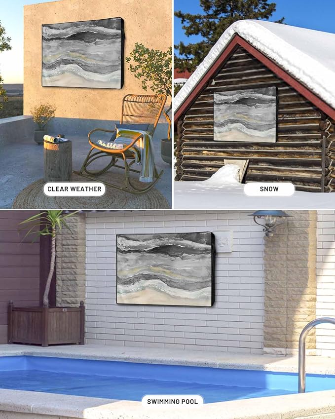 Outdoor TV Cover 70-75 Inch Weatherproof, Grey Coastal Outdoor TV Enclosure with Zipper & Roll Up Front Flap, Summer Beach Nautical Abstract Art Waterproof TV Covers for Outside Flat Screen TV