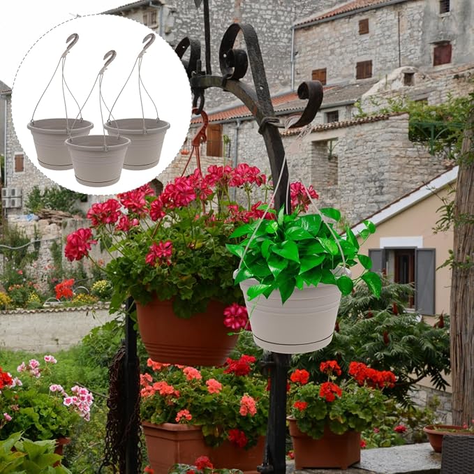 DOITOOL 3 Sets Plastic Hanging Planter Pots Garden Plant Pot, 9.8 Inch Hanging Flowerpot Plastic Nursery Basket Orchid Planter for Outdoor Indoor Garden (Light Grey)