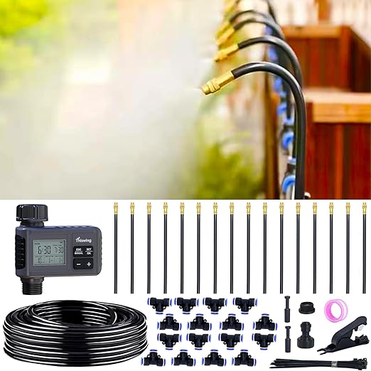 Thiswing 360° Adjustable Drip Irrigation System - 50 FT Automatic Garden Watering System with 16 Nozzles & Water Timer, Raised Bed Sprinkler System, Garden Mister for Yard, Lawn, Plants, 5/16" Tubing