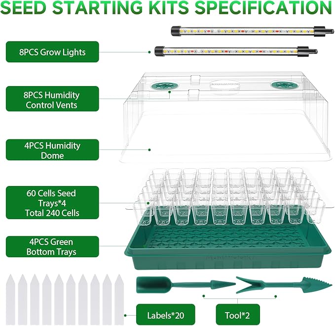Adawook Seed Starter Trays with Grow Lights, Color Change Grow Lights for Seed Starting Kit, 3 Timming Set, Indoor Plant Growing Kit for Gardeners, Germination Trays Kits, Gardening Gifts (240 Cells)